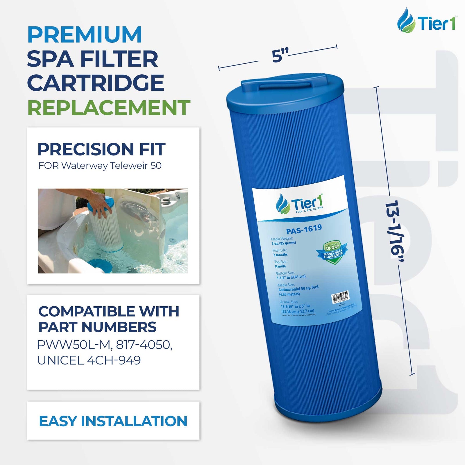 Tier1 Spa Filter for Teleweir 50 (Antimicrobial) -Washable Trilobal Pleats - Pool and Spa Filters - 26.89 - DiscountFilterStore.com