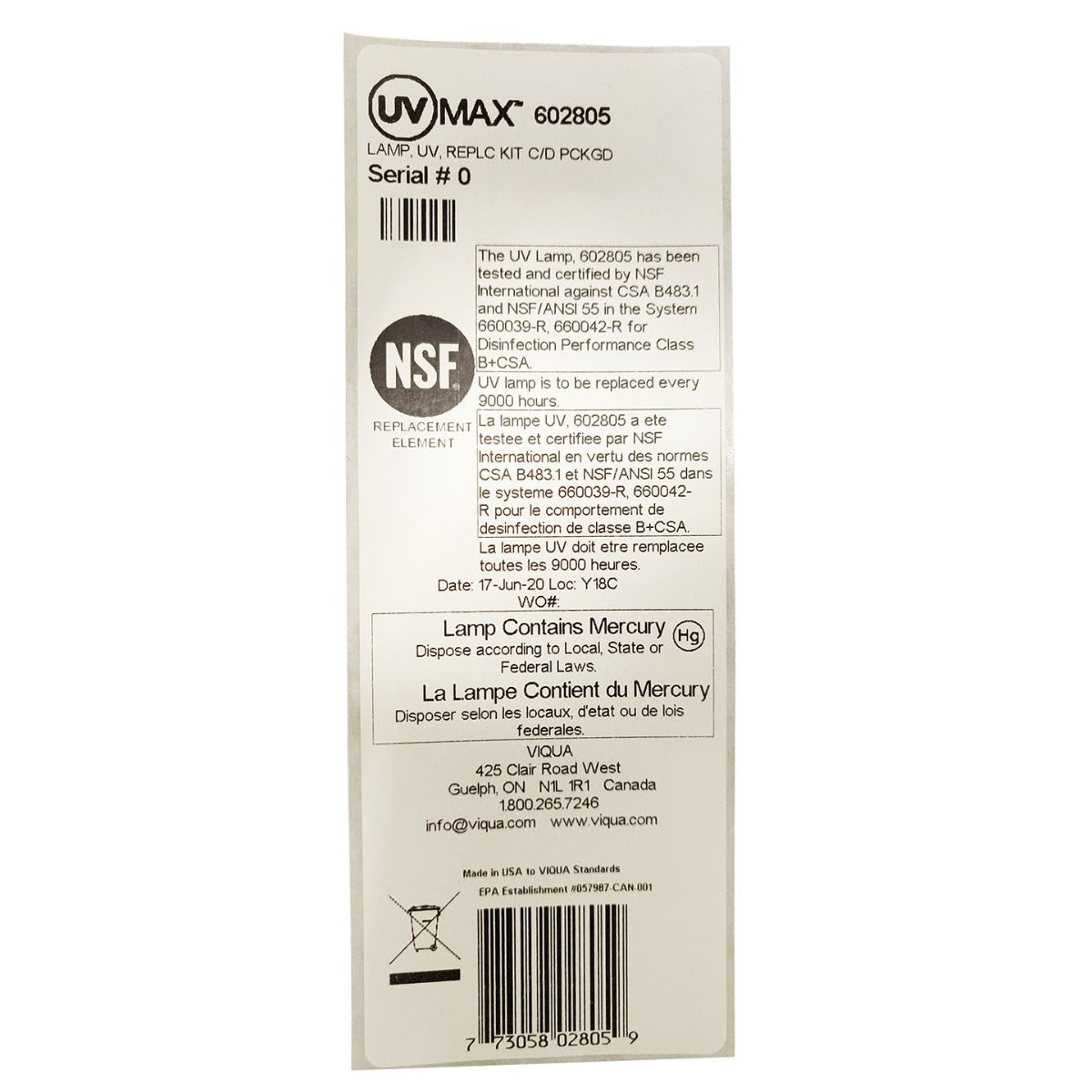 602805 Viqua Water Disinfection System UV Lamp - Whole House Systems - 151.0 - DiscountFilterStore.com
