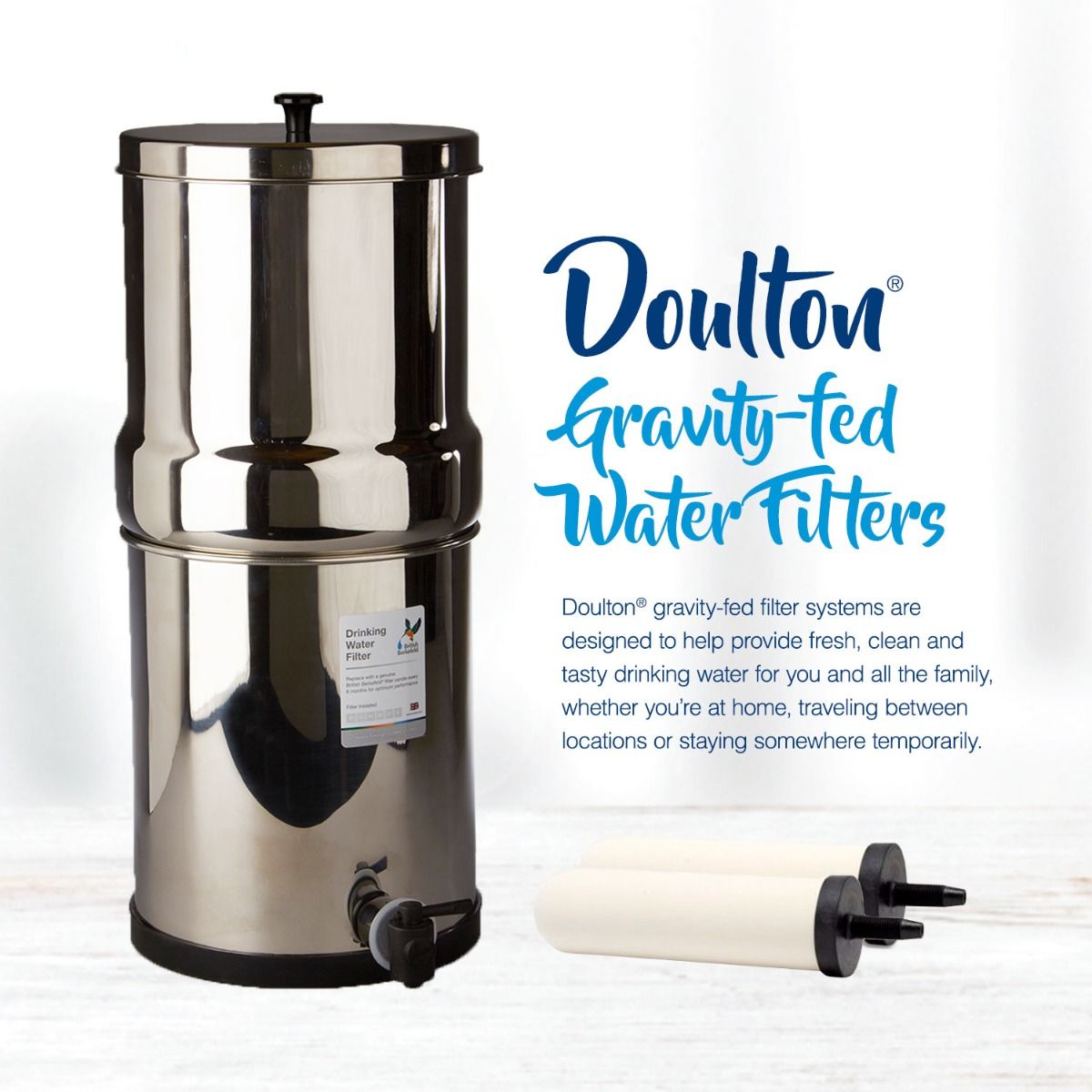 Doulton/British Berkefeld 2.24 Gallon Stainless Steel Gravity-Fed Countertop System with ATC Purification Candle Filters - Countertop & Faucet Filters - 182.0 - DiscountFilterStore.com