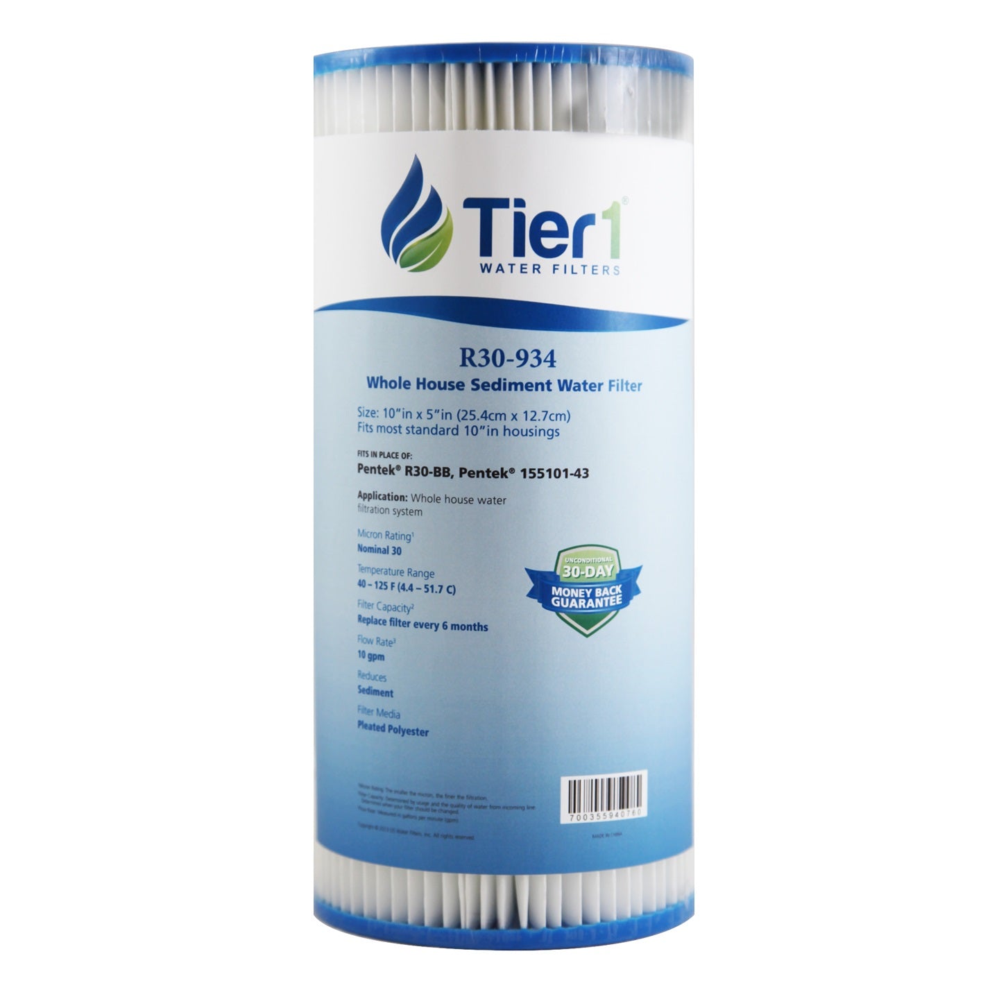 R30-BB 155101-43 Pentek Pleated Polyester Filter Cartridge Comparable Replacement Kit with O-ring and Lubricant by Tier1 (4.5 inches x 9-3/4 inches, 30 Micron) - Whole House Cartridges - 19.32 - DiscountFilterStore.com