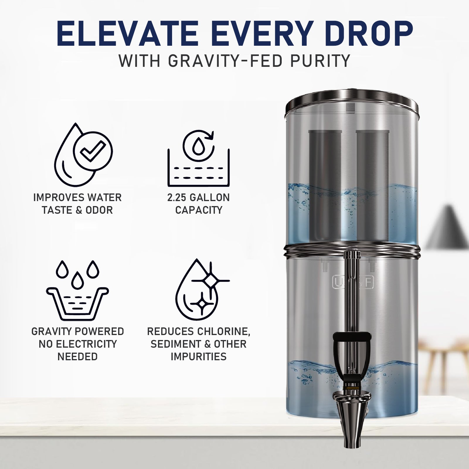 USWF 2.25 Gallon Stainless Steel Gravity Fed Filter System - Countertop & Faucet Filters - 174.49 - DiscountFilterStore.com