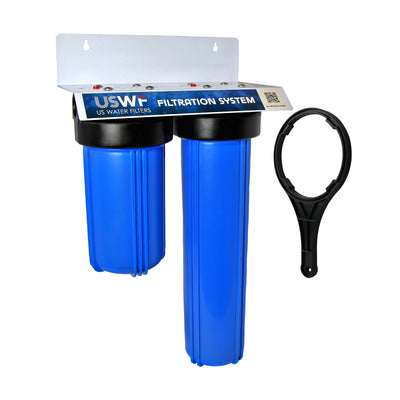 USWF Two-Stage Big Blue 4.5"x10" & 20"  Filter Housing, 1" Inlet/Outlet, w/Mounting Bracket & Wrench - Whole House Systems - 153.99 - DiscountFilterStore.com