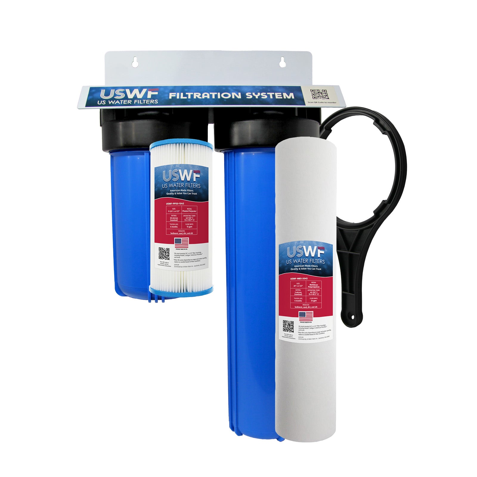 USWF Heavy Sediment Reduction 2-Stage Whole House Water Filtration System, Pleated Sediment and Meltblown Sediment, 1" Inlet/Outlet - Whole House Systems - 111.99 - DiscountFilterStore.com