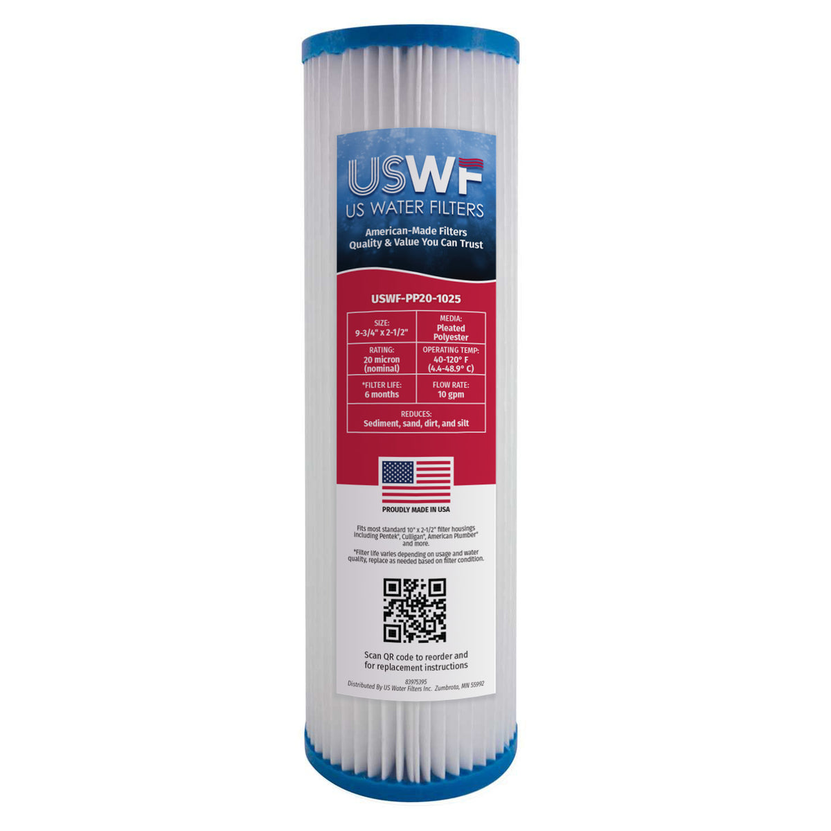USWF 20 Micron 10"x2.5" Pleated Polyester Sediment Filter - Whole House Cartridges - 6.32 - DiscountFilterStore.com