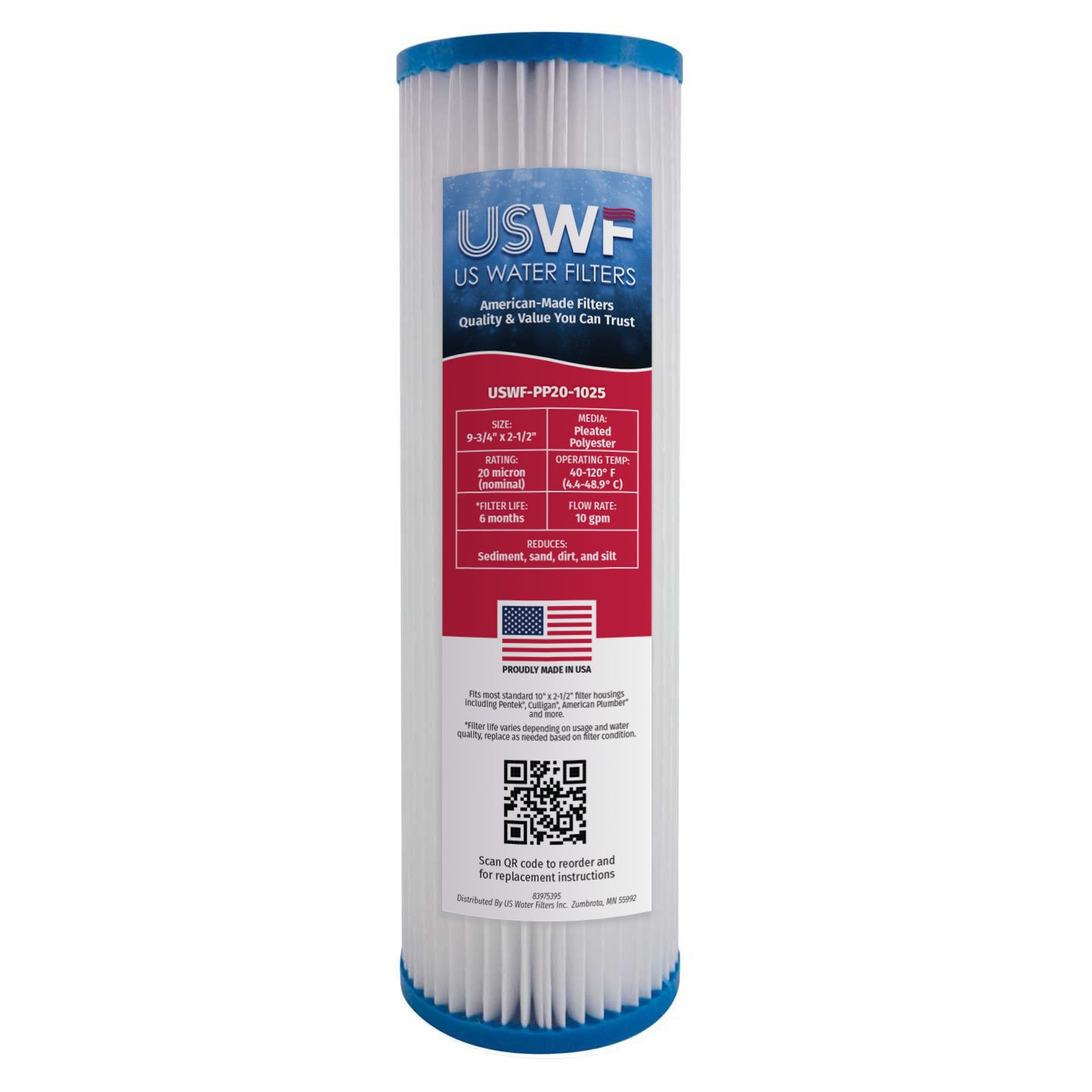 USWF 20 Micron 10"x2.5" Pleated Polyester Sediment Filter - Whole House Cartridges - 6.32 - DiscountFilterStore.com