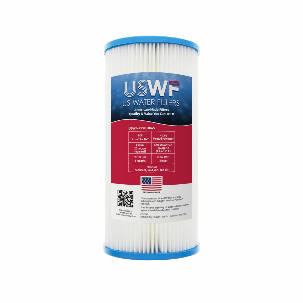 USWF 20 Micron 10"x4.5" Pleated Polyester Sediment Filter - Whole House Cartridges - 13.18 - DiscountFilterStore.com